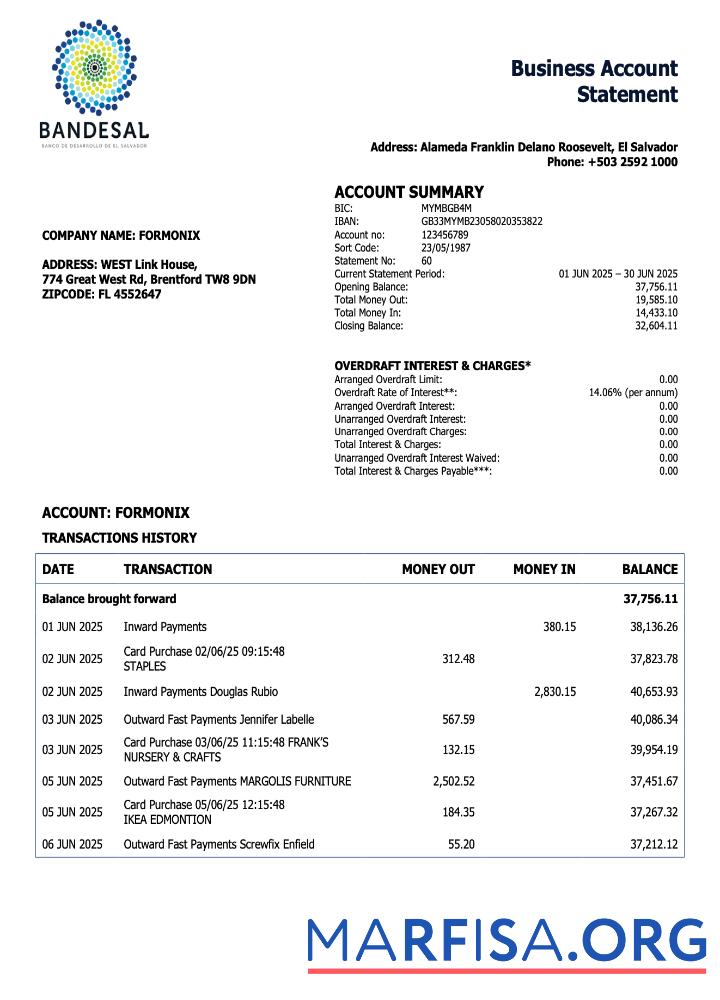 Realistic Salvador Bandesal organization checking account statement Word and PDF template